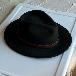 Brixton Messer Fedora Black Wool Felt Hat with Brown Leather Band Size 7 Small